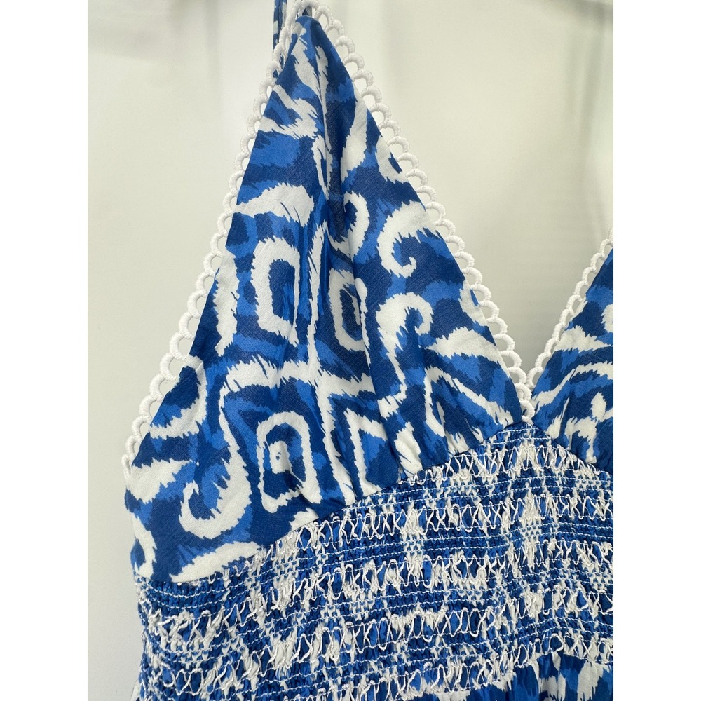 Alice + Olivia Imogene Blue Ikat Tiered Cotton Maxi Dress Size 10 Wedding Guest - Picture 9 of 16